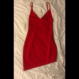 hot red bodycon asymmetrical dress.